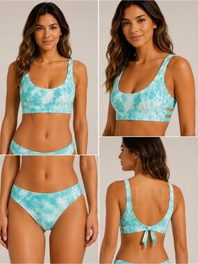 BECCA NWT Ribbed Tie Dye Bikini Set Medium 2 Piece Aqua Blue Swimwear